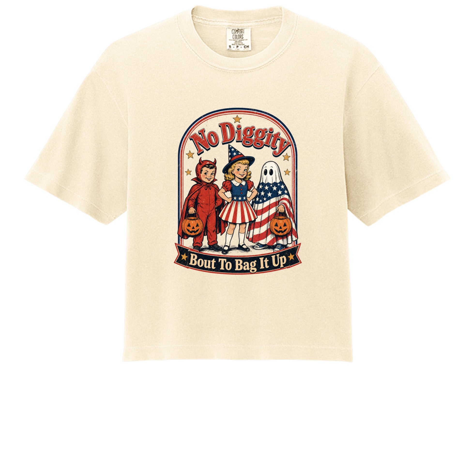 Vintage-style Halloween tee with a patriotic twist. Soft Comfort Colors 3023CL shirt featuring retro trick-or-treaters. Shop now!