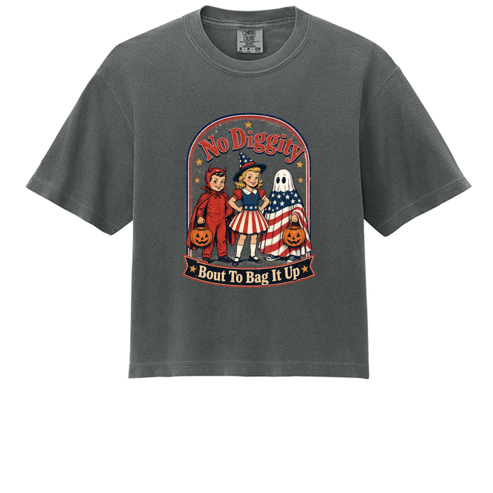 Pepper -Vintage-style Halloween tee with a patriotic twist. Soft Comfort Colors 3023CL shirt featuring retro trick-or-treaters. Shop now!