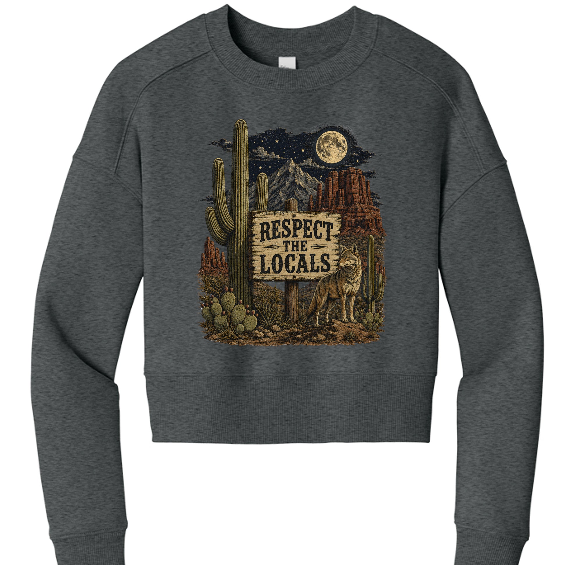 Heathered Charcoal -"Respect The Locals desert coyote cropped crewneck sweatshirt in Heather Grey"