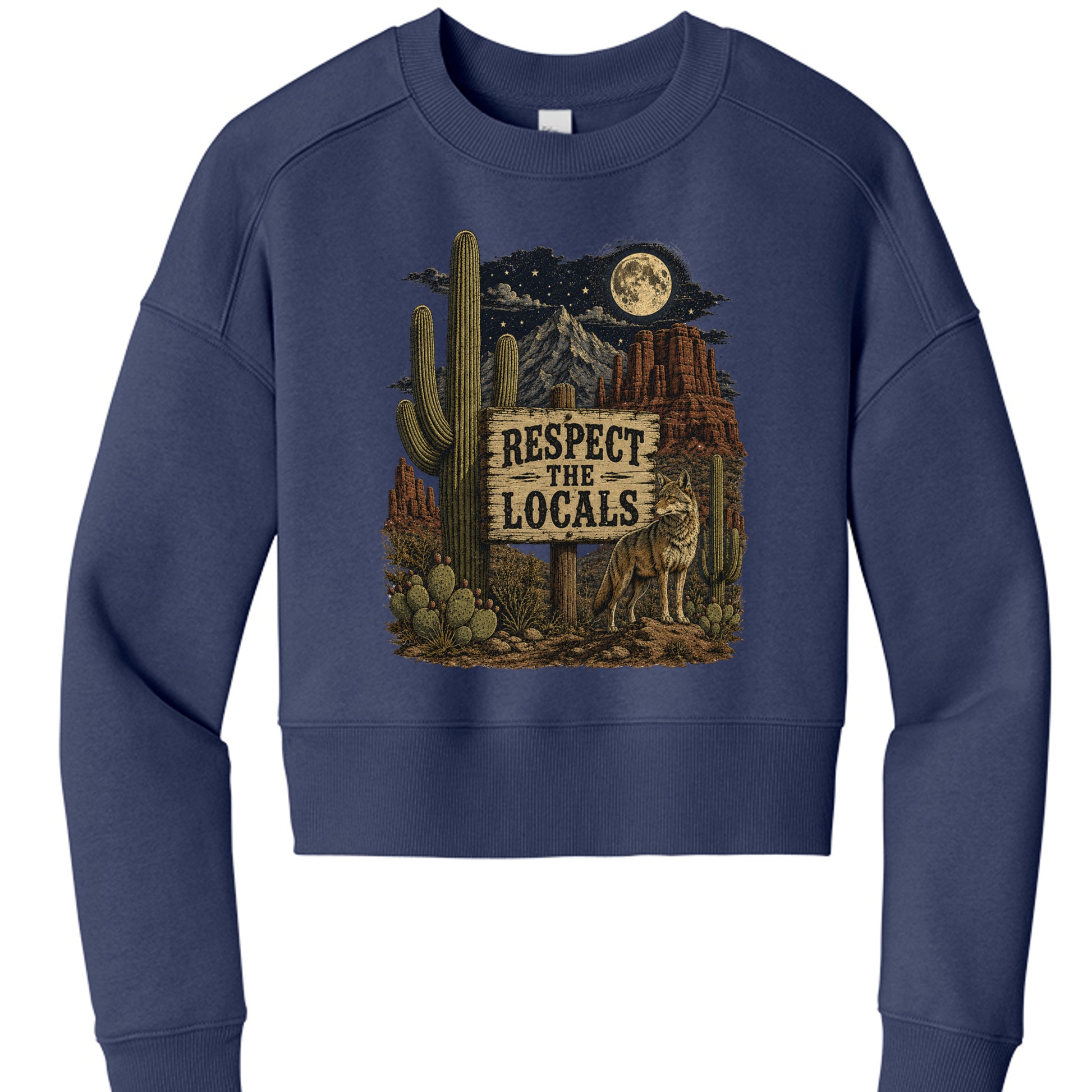 Tanzanite -"Respect The Locals desert coyote cropped crewneck sweatshirt in Periwinkle"