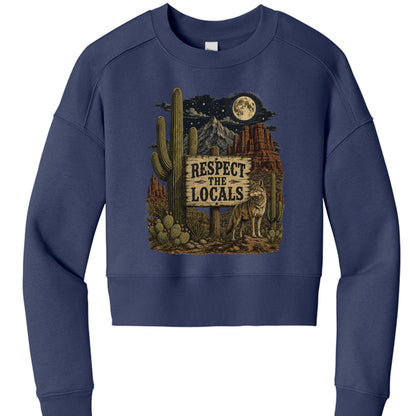 Tanzanite -"Respect The Locals desert coyote cropped crewneck sweatshirt in Periwinkle"