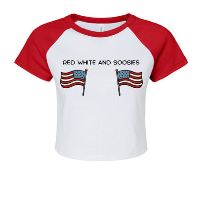 Red White and Boobies patriotic cropped raglan shirt front