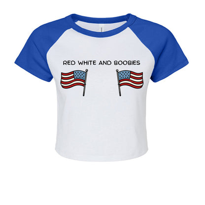 Red royal and Boobies patriotic cropped raglan shirt front