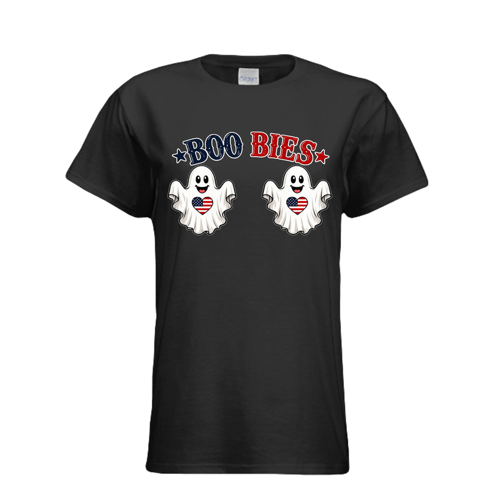 BLACK "BooBies patriotic ghost graphic t-shirt front view"