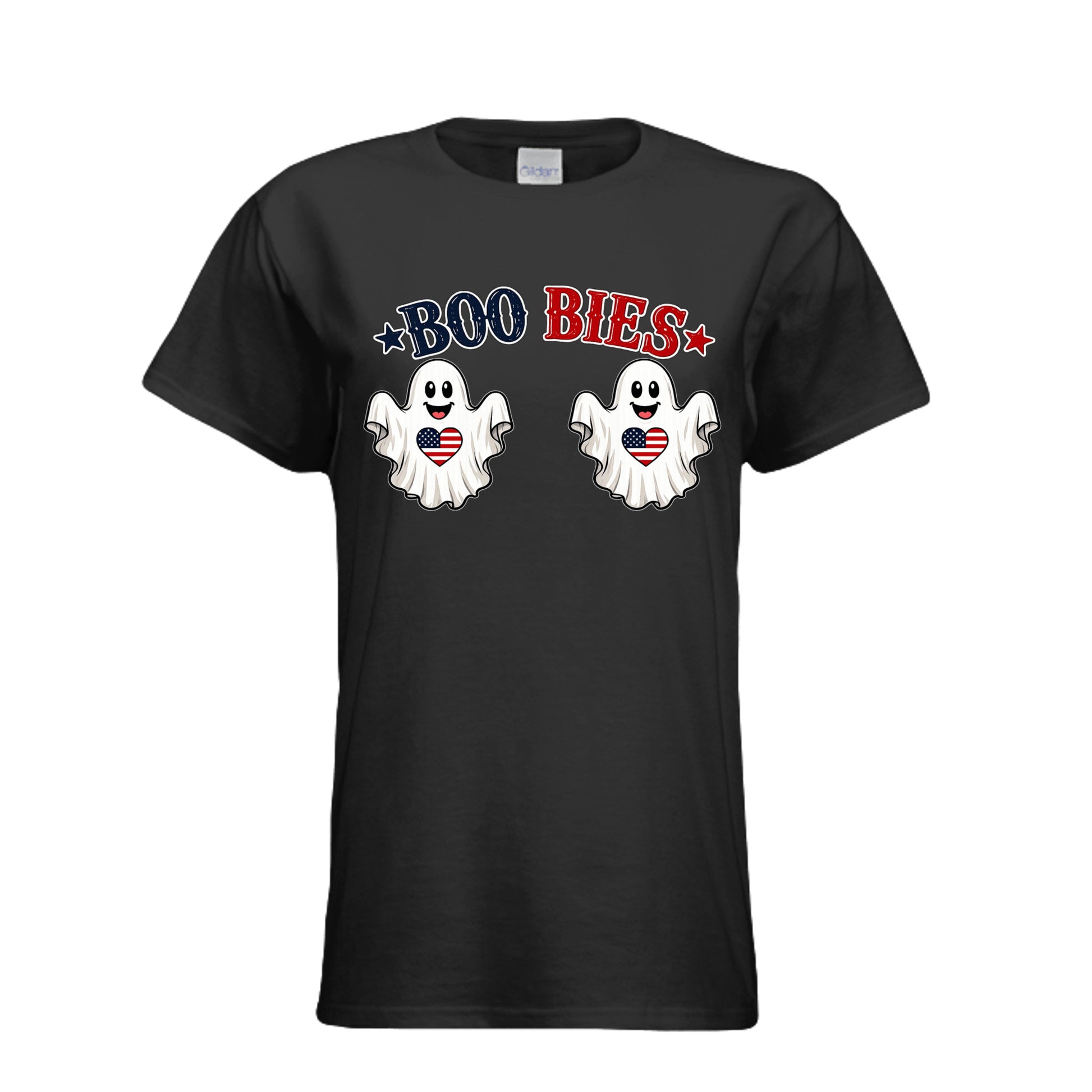 BLACK "BooBies patriotic ghost graphic t-shirt front view"