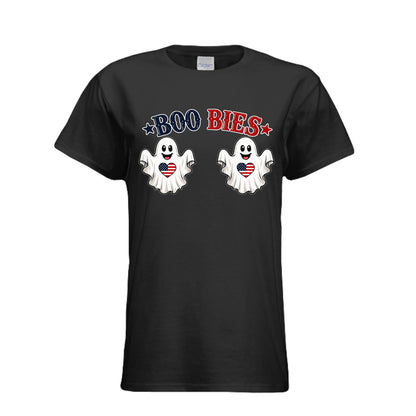 BLACK "BooBies patriotic ghost graphic t-shirt front view"