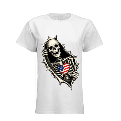 WHITE - "Skeleton Rip skull flag heart graphic t-shirt in [color] front view"