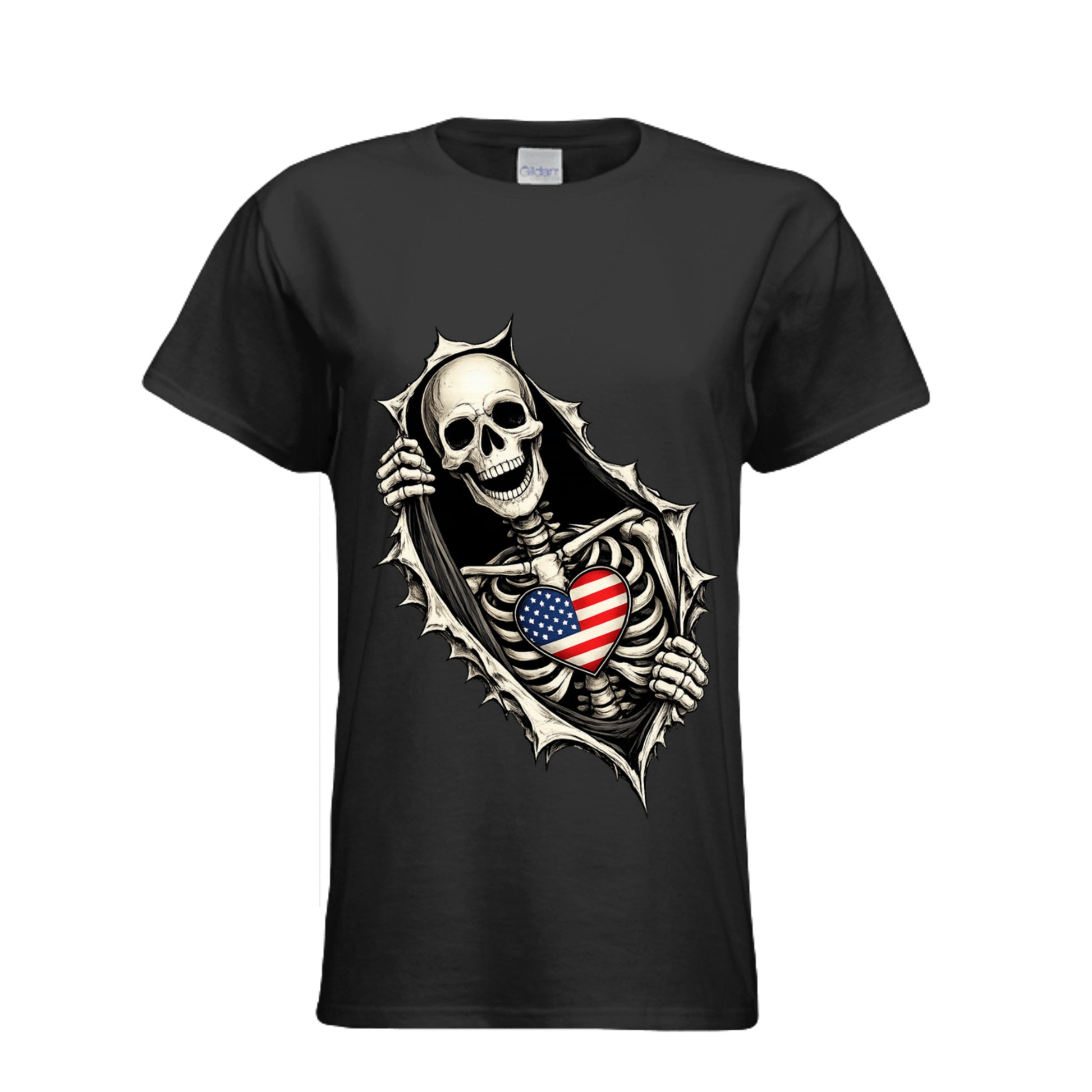 BLACK -"Skeleton Rip skull flag heart graphic t-shirt in [color] front view"
