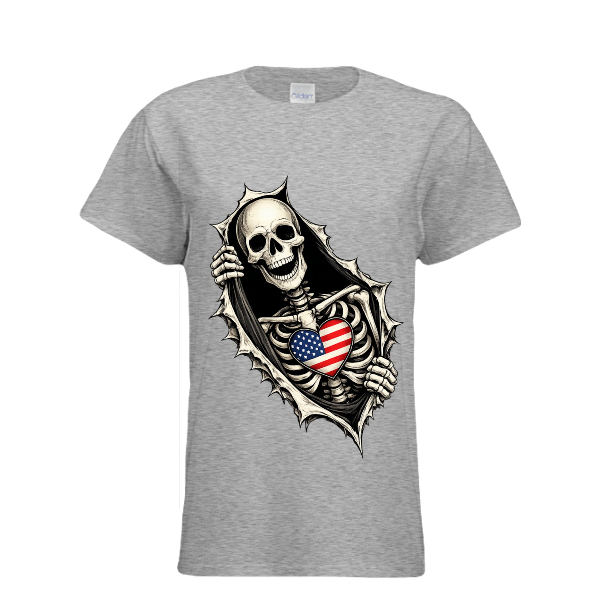 SPORT GREY - "Skeleton Rip skull flag heart graphic t-shirt in [color] front view"