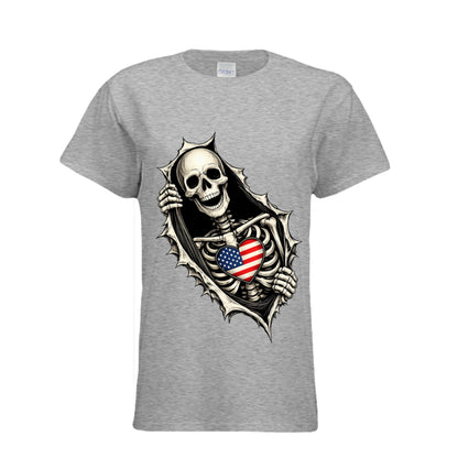 SPORT GREY - "Skeleton Rip skull flag heart graphic t-shirt in [color] front view"