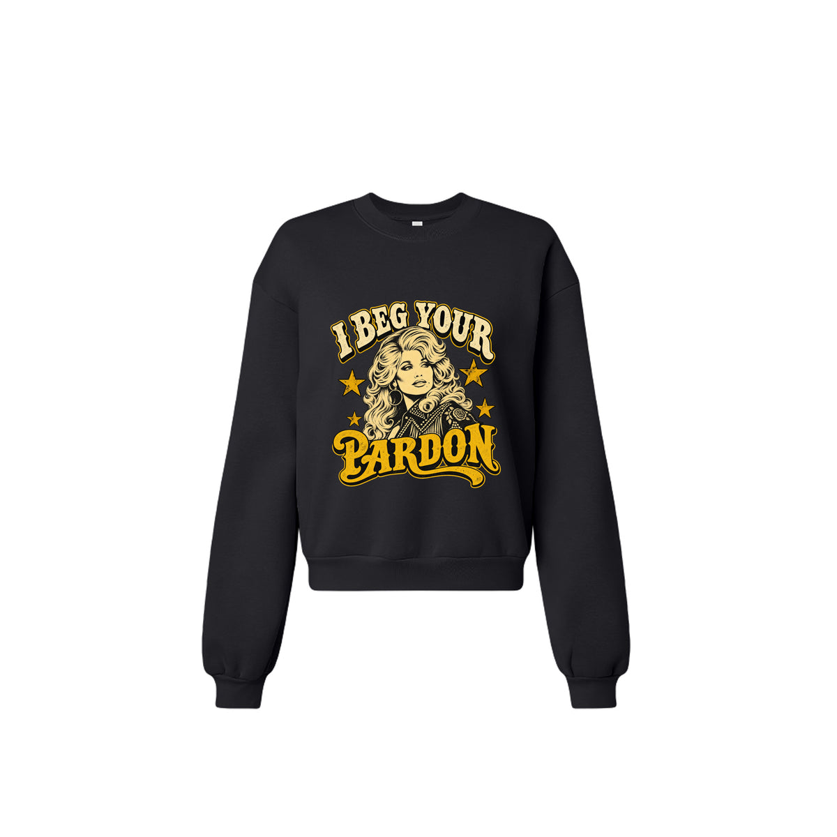 Product flats: "I Beg Your Pardon retro country graphic crewneck sweatshirt in black front view"