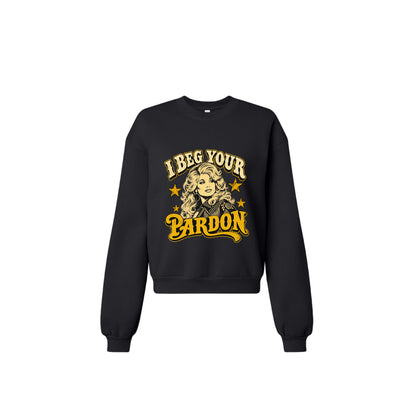 Product flats: "I Beg Your Pardon retro country graphic crewneck sweatshirt in black front view"