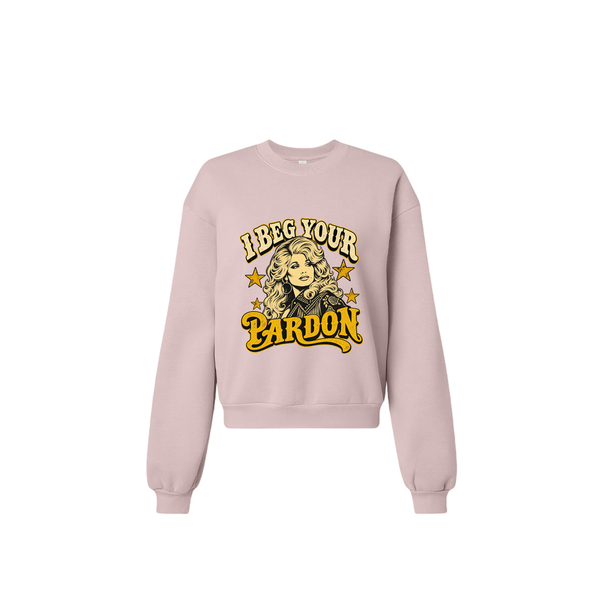 Product flats: "I Beg Your Pardon retro country graphic crewneck sweatshirt in blush front view"