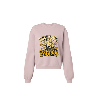 Product flats: "I Beg Your Pardon retro country graphic crewneck sweatshirt in blush front view"