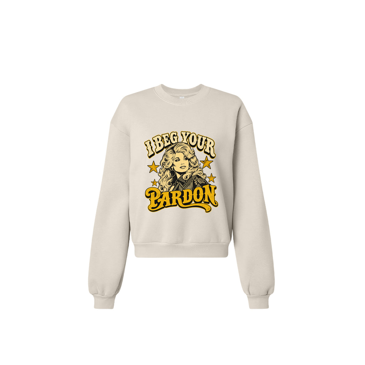 Product flats: "I Beg Your Pardon retro country graphic crewneck sweatshirt in bone front view"