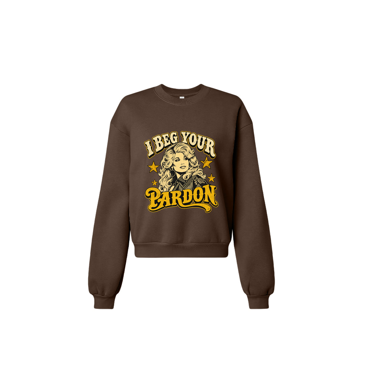 Product flats: "I Beg Your Pardon retro country graphic crewneck sweatshirt in brown front view"