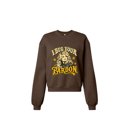 Product flats: "I Beg Your Pardon retro country graphic crewneck sweatshirt in brown front view"