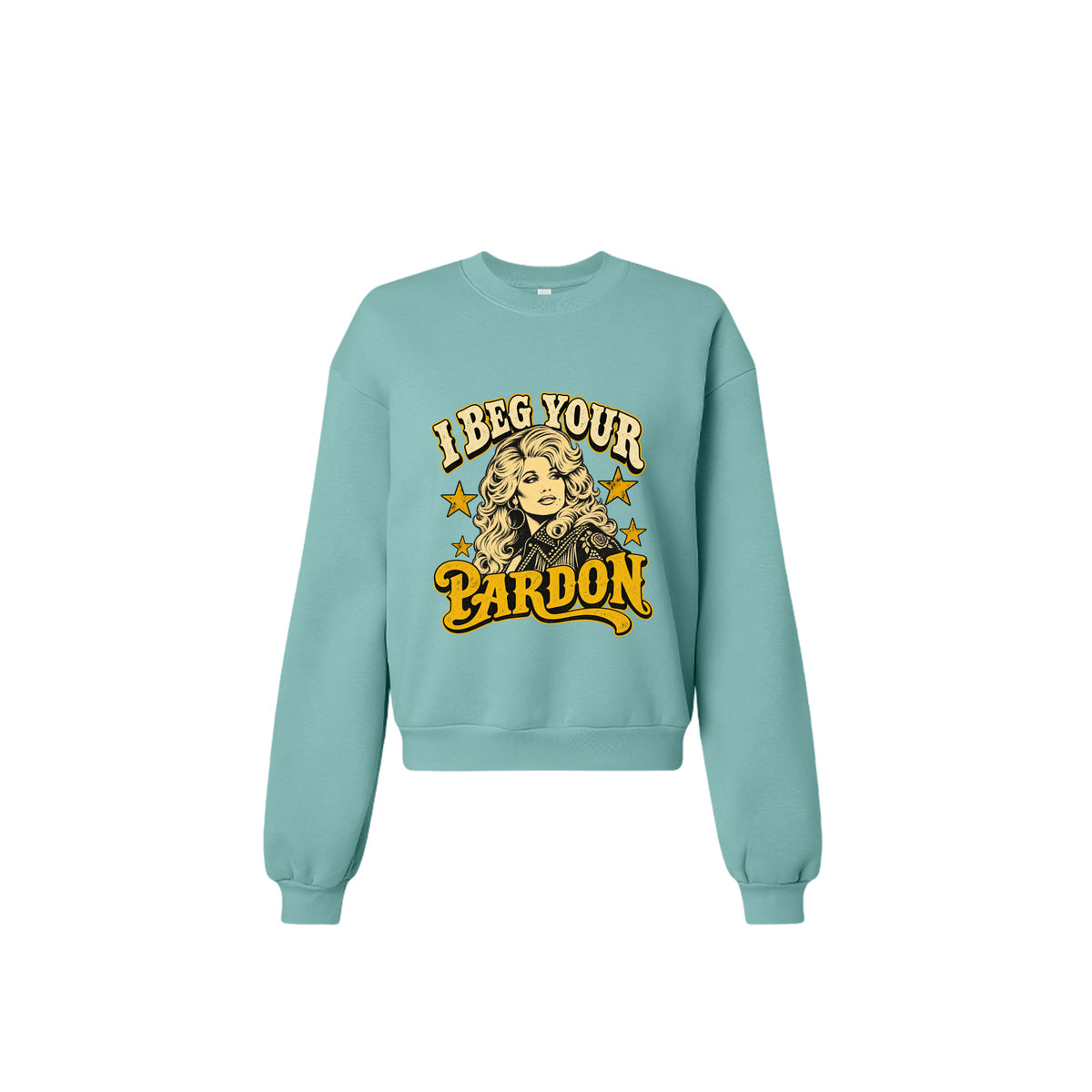 Product flats: "I Beg Your Pardon retro country graphic crewneck sweatshirt in teal front view"