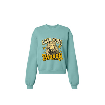 Product flats: "I Beg Your Pardon retro country graphic crewneck sweatshirt in teal front view"