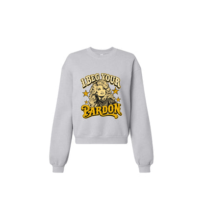 Product flats: "I Beg Your Pardon retro country graphic crewneck sweatshirt in grey  front view"