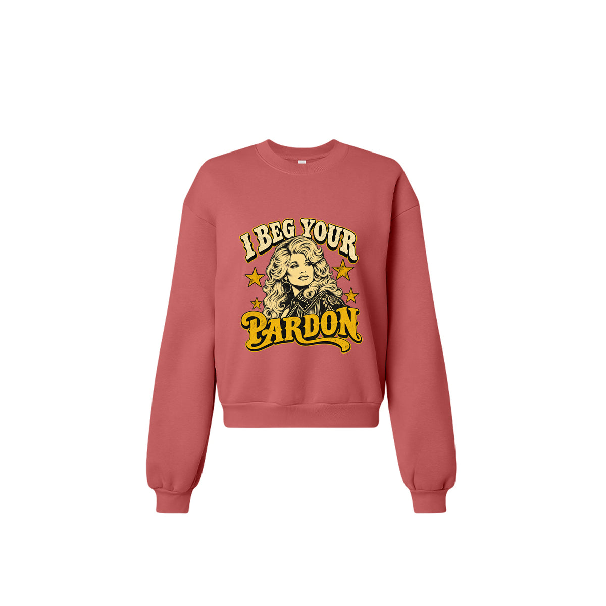 Product flats: "I Beg Your Pardon retro country graphic crewneck sweatshirt in canyon front view"