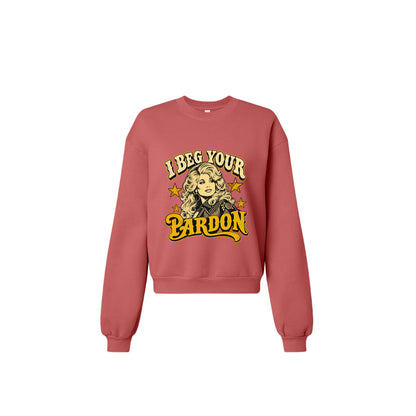 Product flats: "I Beg Your Pardon retro country graphic crewneck sweatshirt in canyon front view"
