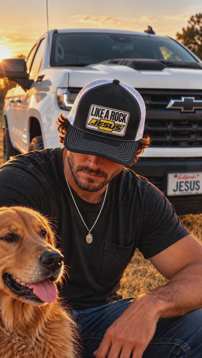 Like a Rock Jesus Trucker Hat | Faith Based Embroidered Patch Cap