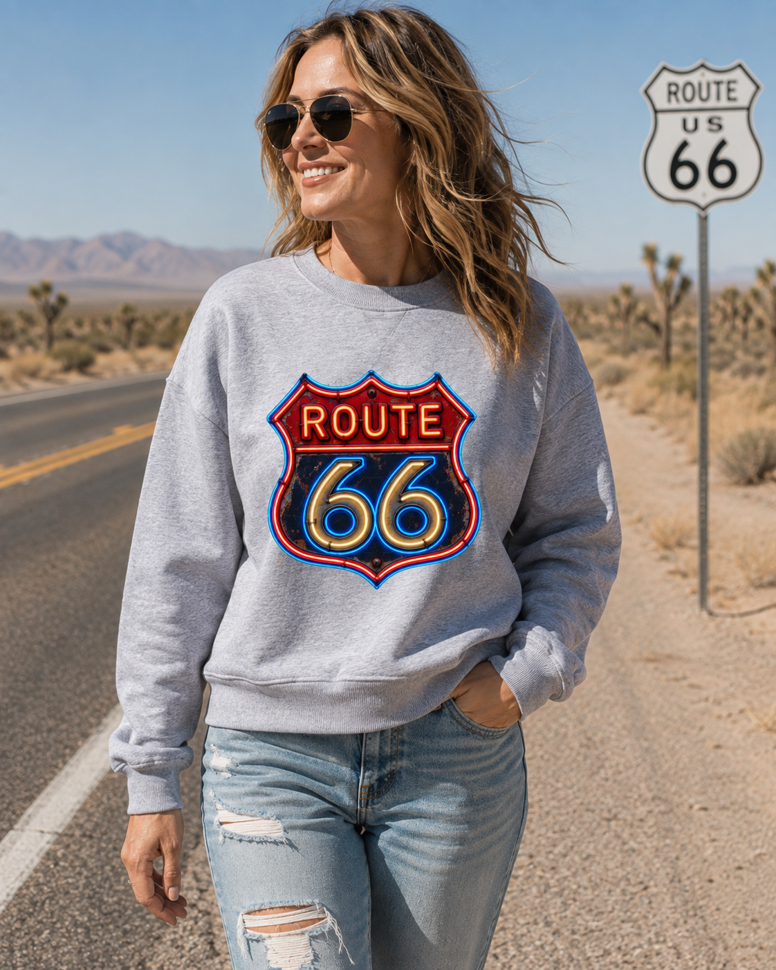 A woman wearing a light gray crewneck sweatshirt with a large 'Route 66' shield graphic on the front, walking on a desert road next to a Route 66 sign.