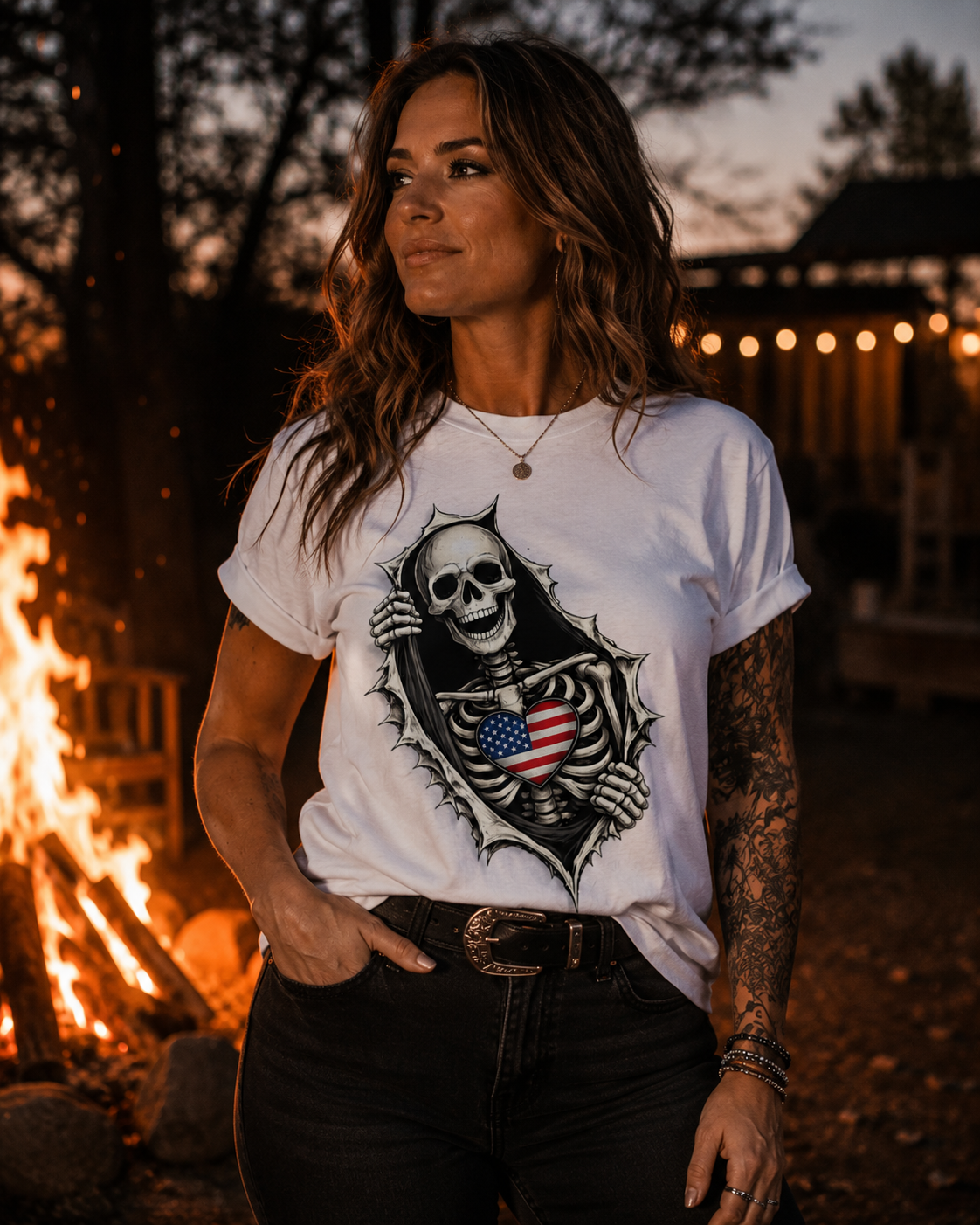 A woman wearing a white graphic t-shirt with a black skeleton and American flag design, standing outdoors near a campfire at dusk.